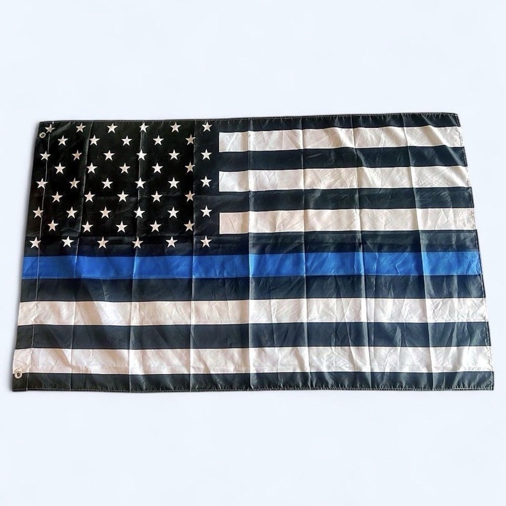 Black & White US American Flag Thin Blue Line Blue Stripe Nylon Banner